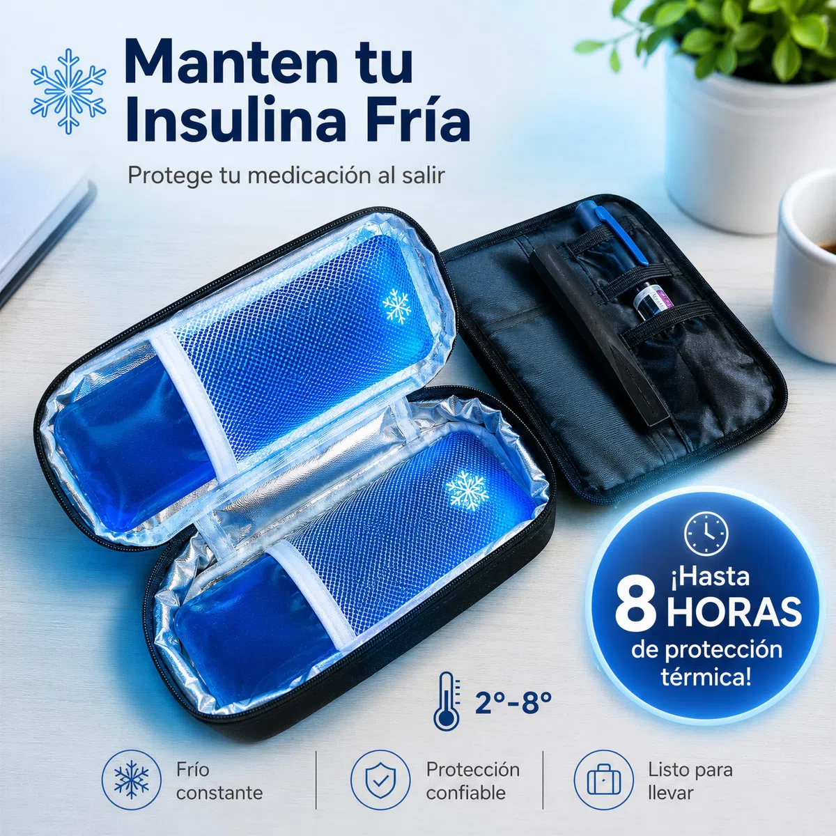 Nevera Insulina Portátil — Estuche Frío para Insulina y Medicamentos, Bolsa Isotérmica Viaje 21x9x6cm con Porta Plumas, Bolsa de Hielo Reutilizable, Forro Aluminio para Diabéticos (Negro)