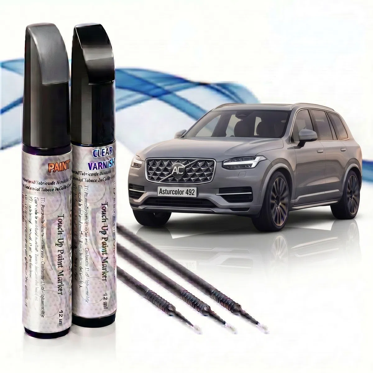 Reparador Arañazos Coche, Lápiz Retoque Automóvil, Bolígrafo Reparaarañazos, 2 Piezas Pintura Retoque Volvo con Base + Laca, Fabricado en España (492 GRIS SAVILE PERLADO)