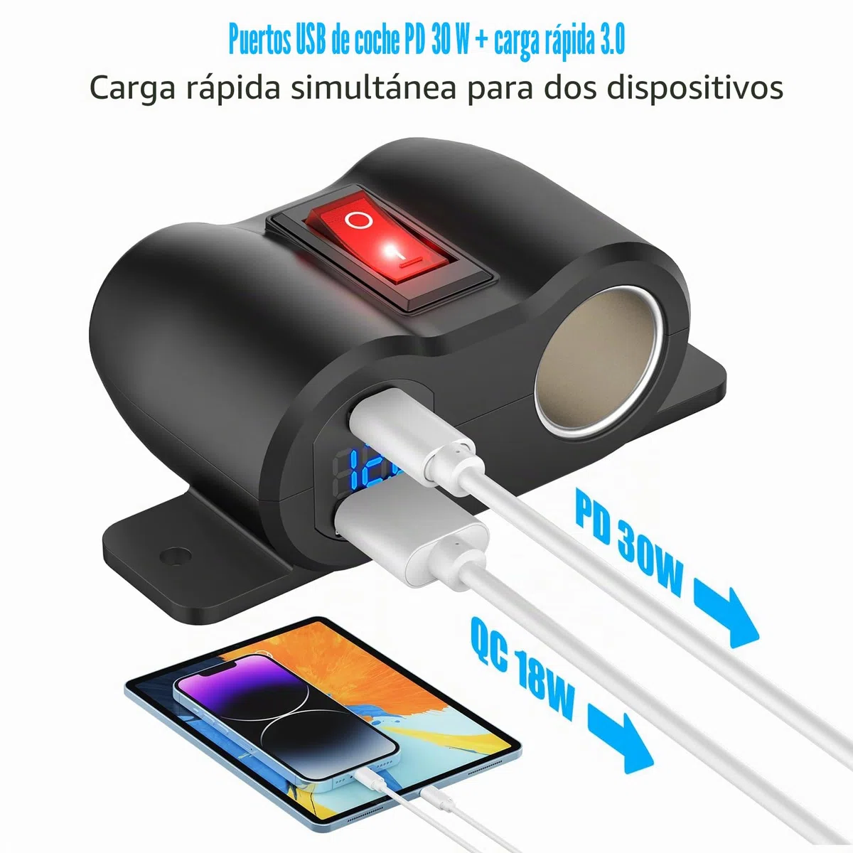 Panel de Línea de Premontaje 2 en 1 Toma USB 12V Toma de Mechero, PD 30W y QC3.0 Cargador de Puerto USB de Coche con Voltímetro LED, Adaptador Enchufe 120W con Interruptor Para Coche Barco Marina