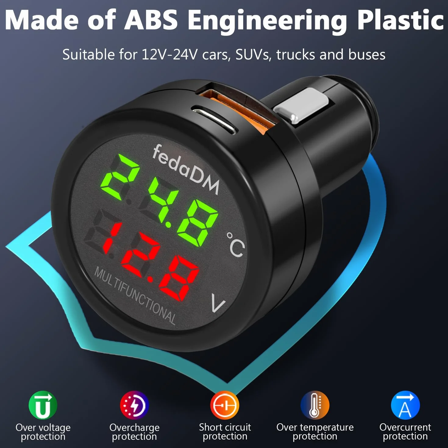 Cargador USB QC3.0+PD3.0 para coche, voltímetro, termómetro con pantalla digital LCD, probador de temperatura, voltaje, monitor de batería, adaptador USB para encendedor de coche, 12 V-24 V