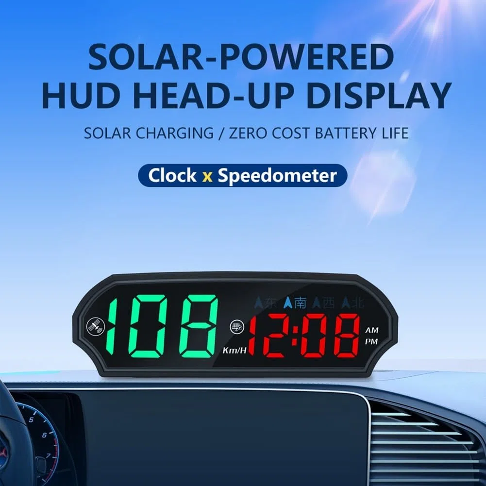 Coche solar HUD con velocímetro GPS y brújula, pantalla LED multicolor inteligente de detección de luz para salpicadero de vehículo