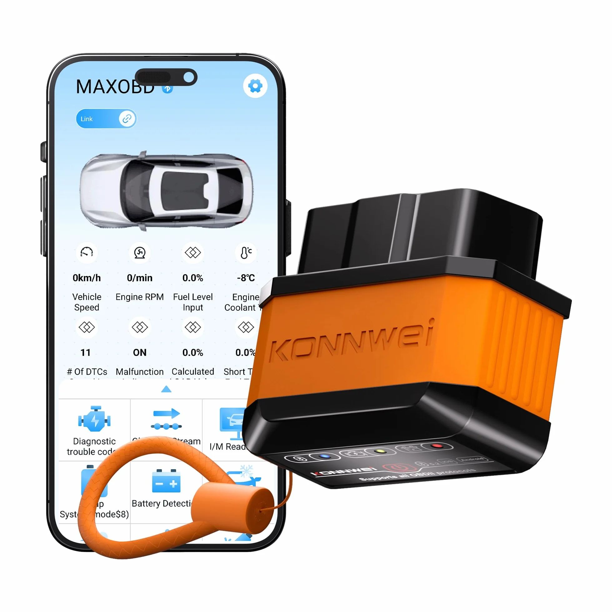 KONNWEI Dispositivo de Diagnóstico OBD2 Bluetooth, Lector y Escáner Inalámbrico de Códigos de Diagnóstico para Todos los Vehículos - Herramientas de Diagnóstico OBD-II para iOS, Android y Windows