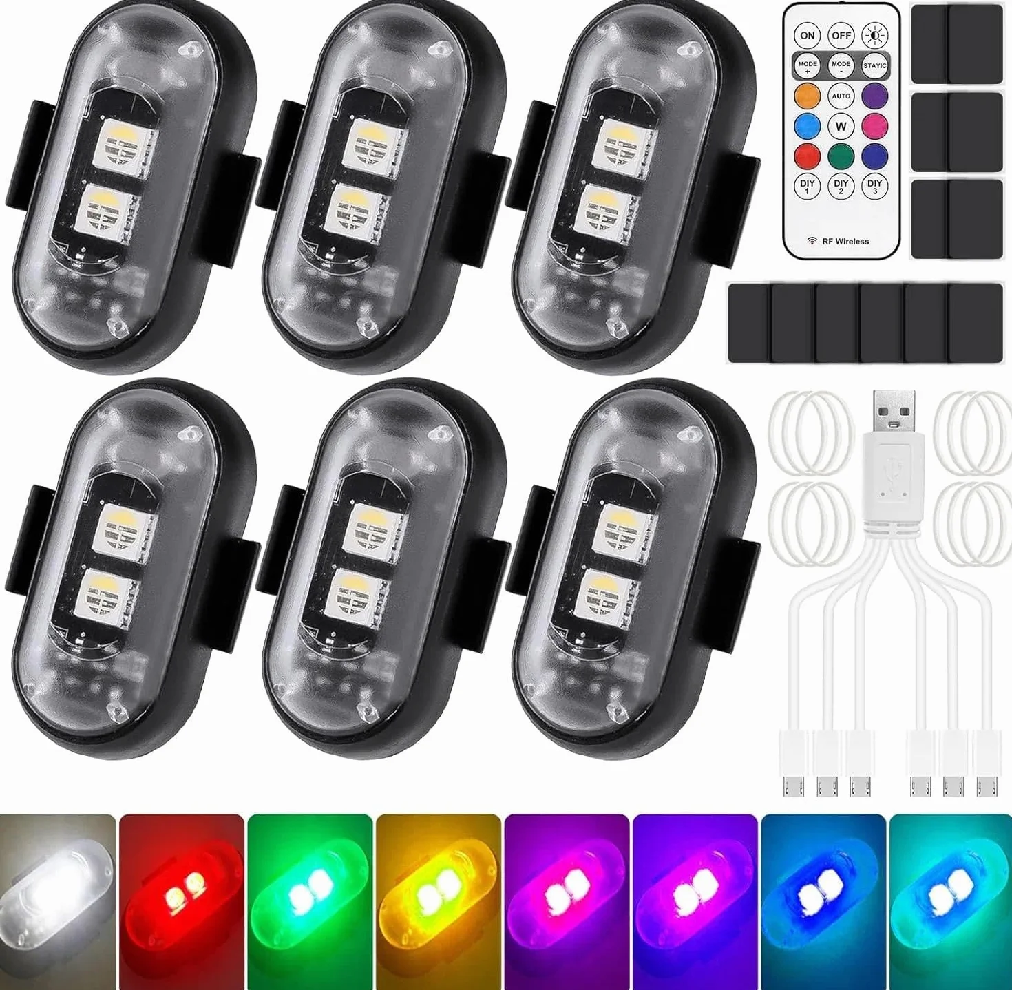 Pavlleen 6 luces LED estroboscópicas para coche, 8 colores, impermeables, anticolisión, con control remoto, luz estroboscópica para dron, carga USB, para dron, camión, motocicleta y bicicleta
