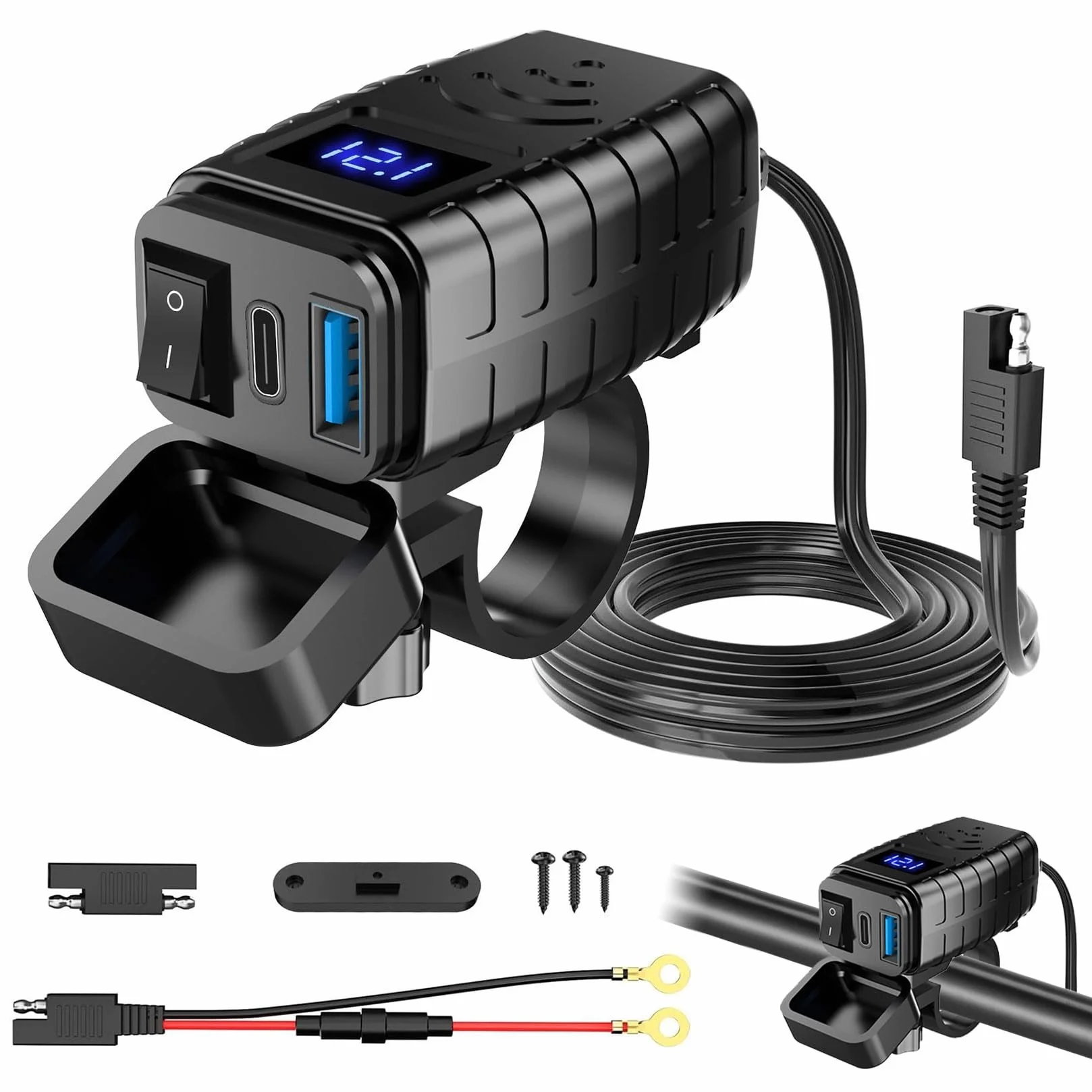 Idota - Enchufe USB impermeable para moto con interruptor de encendido/apagado y cable de carga rápida tipo C Multi USB para moto y autocaravanas