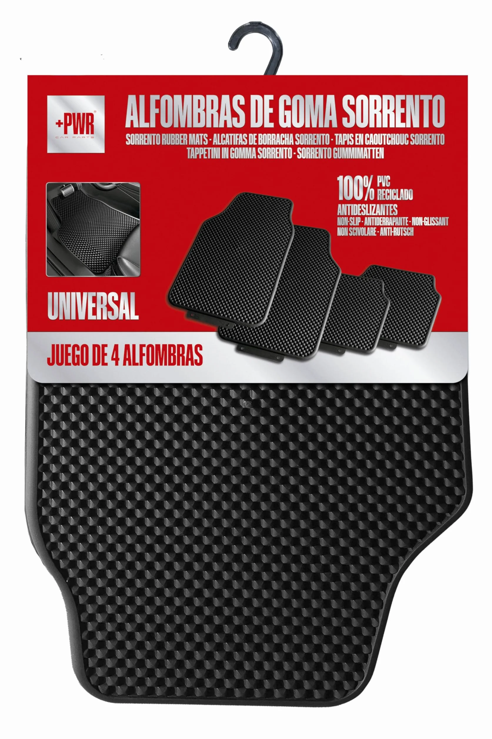 Juego de Alfombras de Goma Sorrento para Coche Universales. 100% PVC Reciclado, tamaño 68x45 cm / 48x38 cm. Antideslizantes. Protegen el Suelo Original.