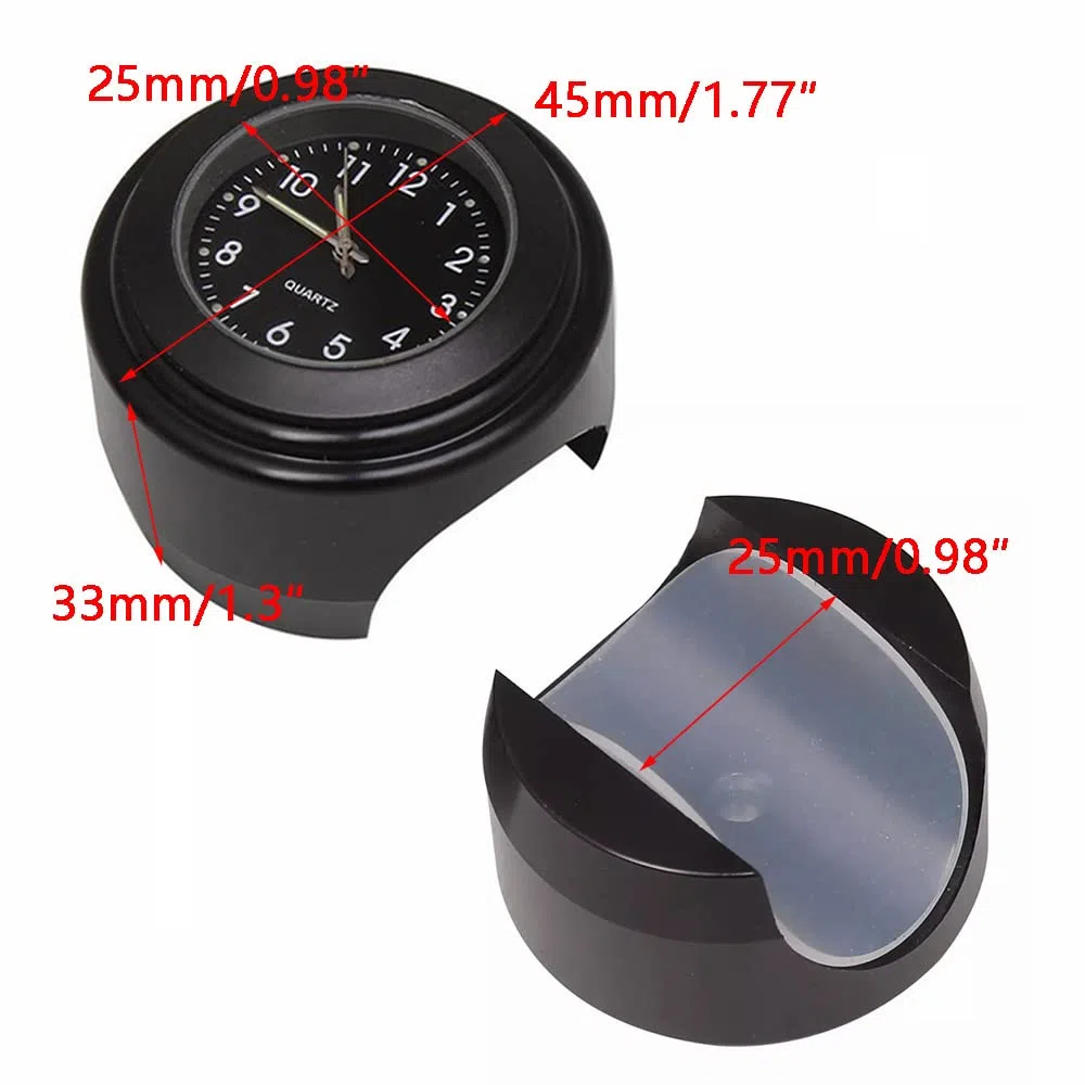 Reloj para manillar de motocicleta, de cuarzo, luminoso, para manillar de 22 a 25 mm, aleación de aluminio fluorescente con almohadilla de goma antideslizante y llave negra, 4,5 x 3,3 cm