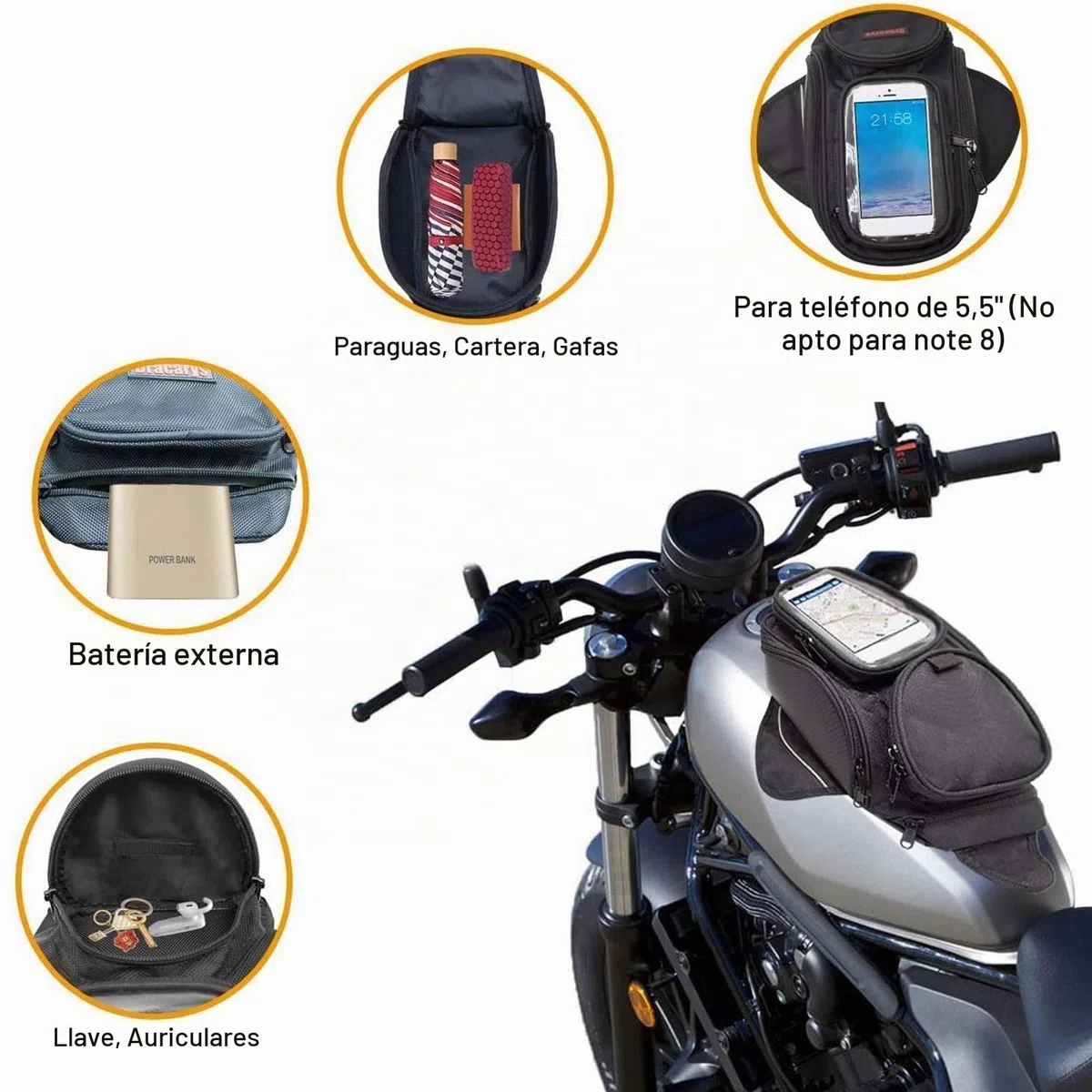 Mochila para depósito de moto – Bolsa magnética para depósito de combustible con pantalla táctil, bolsa para teléfono móvil, impermeable con imán superfuerte para motocross