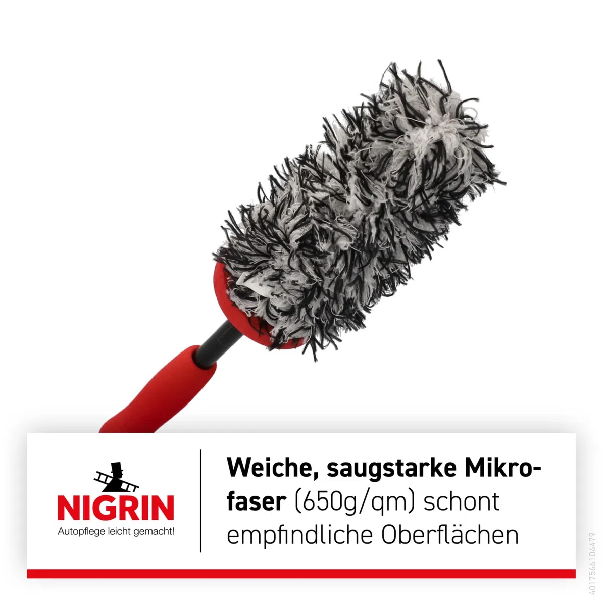 NIGRIN Cepillo de Microfibra para Llantas de Coche, sin arañazos, eficaz para Limpieza de Llantas, también para Lugares de difícil Acceso, Incluye Funda Intercambiable, Multicolor, 1 Unidad