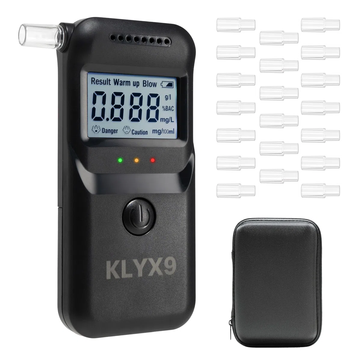 Alcoholimetro Profesional Homologado DGT, con Funda Regalo, Pantalla LCD, 20 Boquillas Esterilizadas. Alcoholimetro de Alta Precisión, Test de Alcoholemia, Prueba de Alcohol, Etilometro.