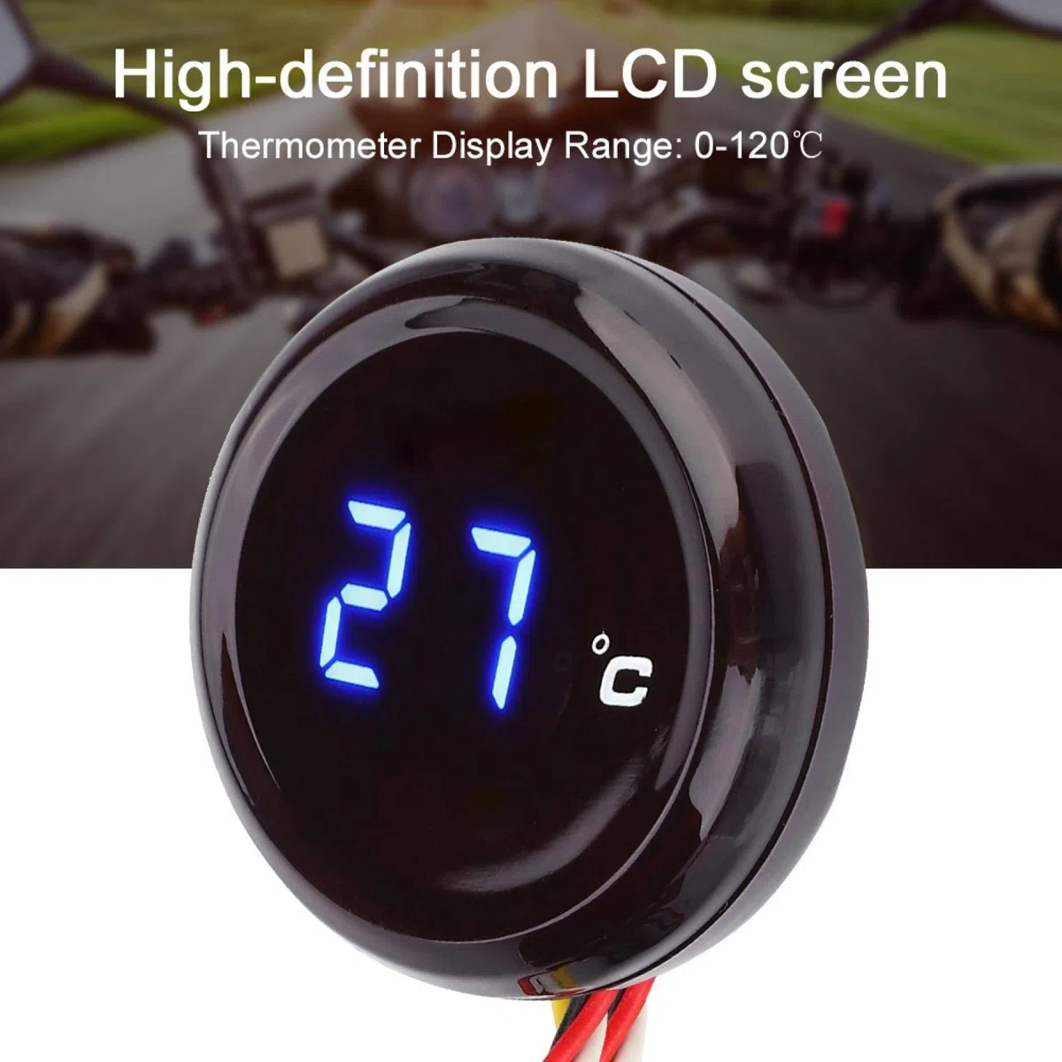 Medidor de temperatura del agua para motocicleta, termómetro digital redondo universal para motocicleta, medidor de temperatura, medidor de temperatura del agua ultrafino(azul)