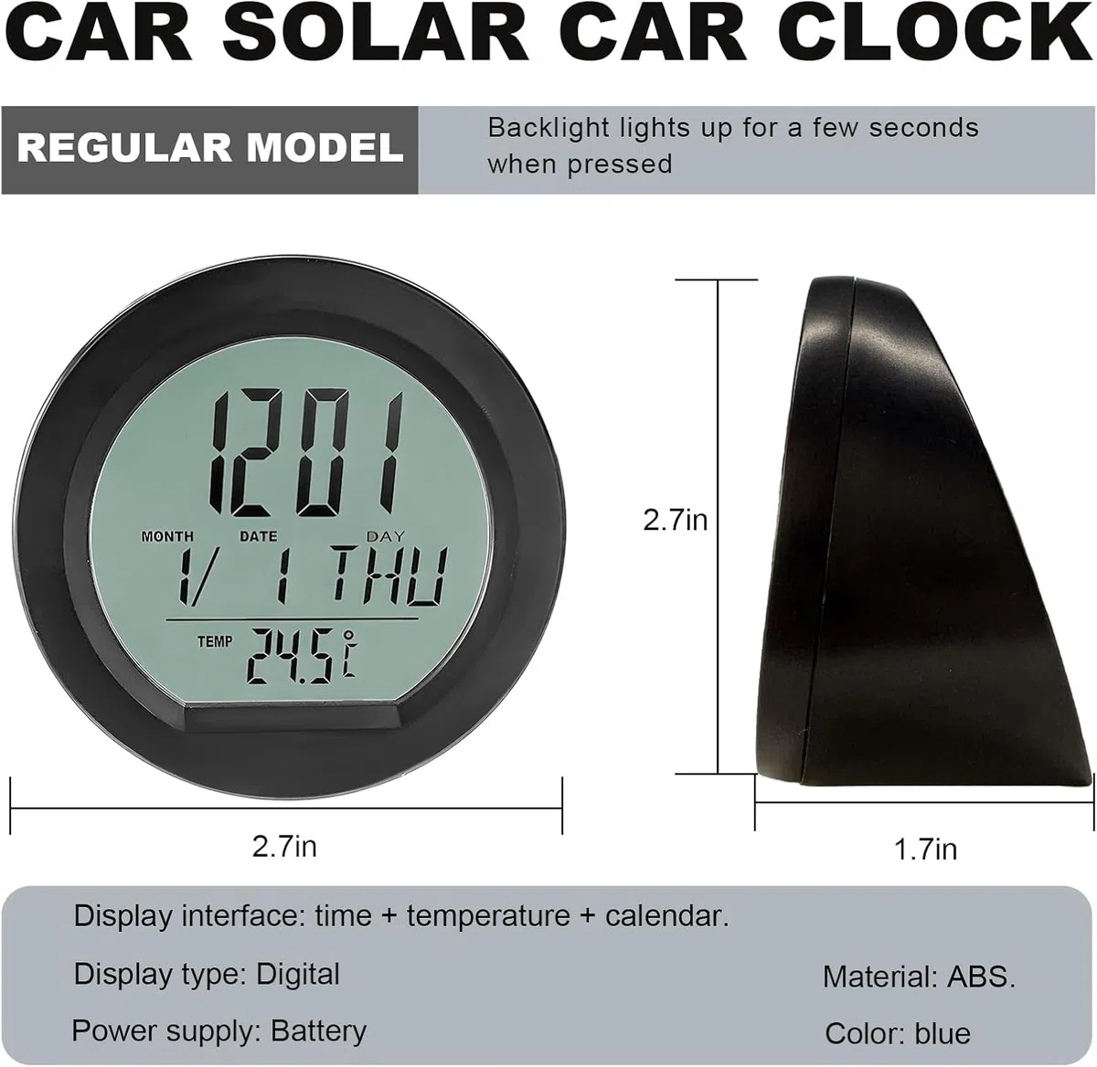 Digital Reloj Termómetro Para Coche, Reloj Digital Para Salpicadero De Coche Con Termómetro Y Calendario, Energía Solar Redondo Reloj Pantalla Tiempo/Fecha/Temperatura Para Coches Universales