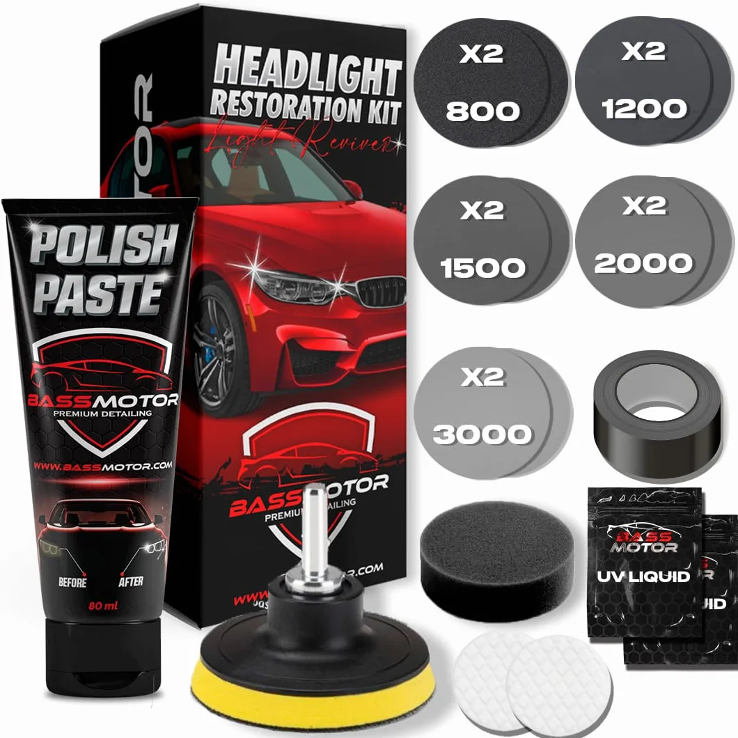 BASSMOTOR Pulir Faros Coche ITV - Kit Completo - Kit Pulir Faros - Pulido Faros - Pulidora de Faros - Headlight Polishing Kit - Restauracion Faros - Barniz Faros - Polimero Liquido