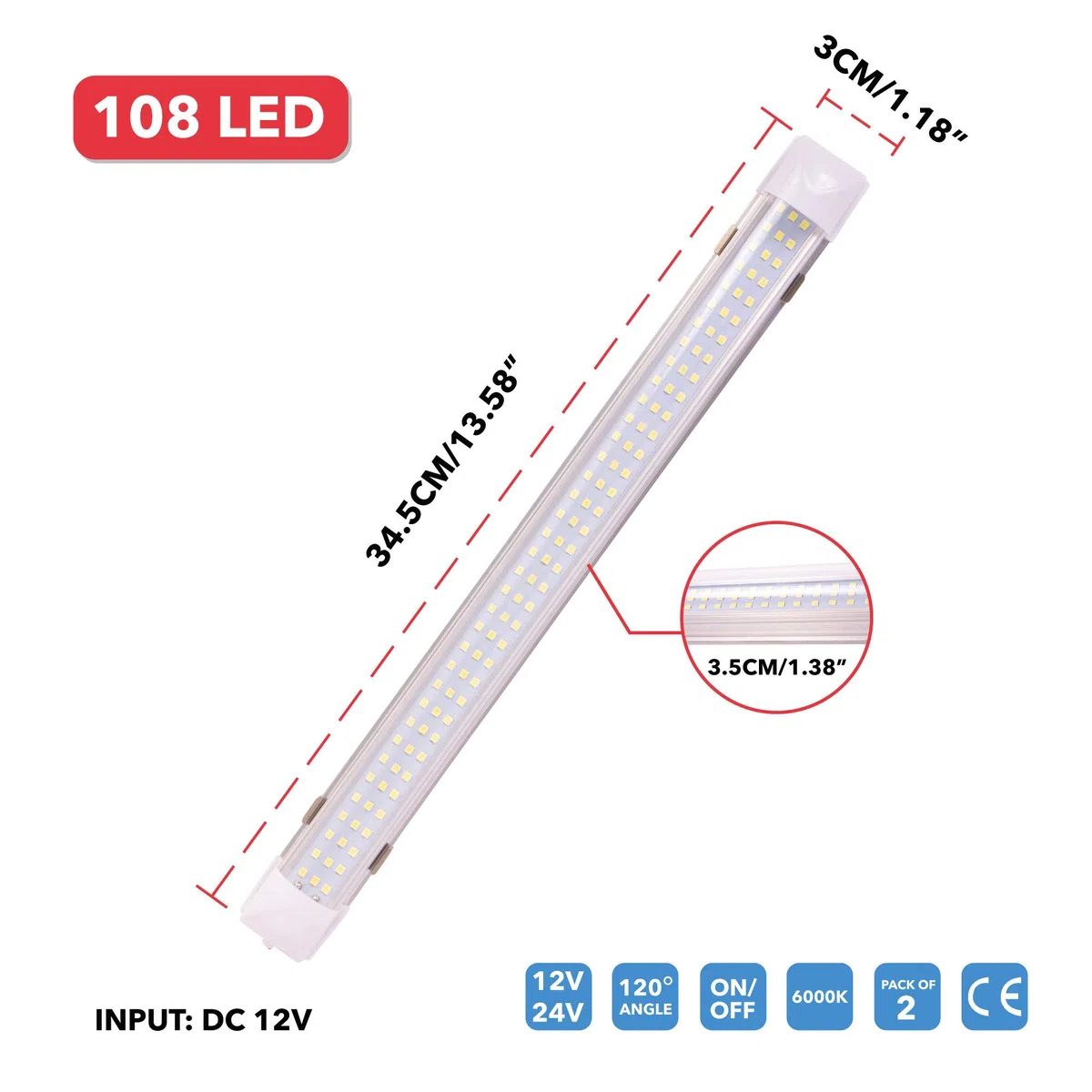 GADLANE Barra LED 12V - 24V Autocaravana, Camper, Barco, Cocina Luz Furgoneta Interior Luces Led 12v Interruptor Encendido/Apagado - 6000k - 34cm Longitud - Paquete De 2