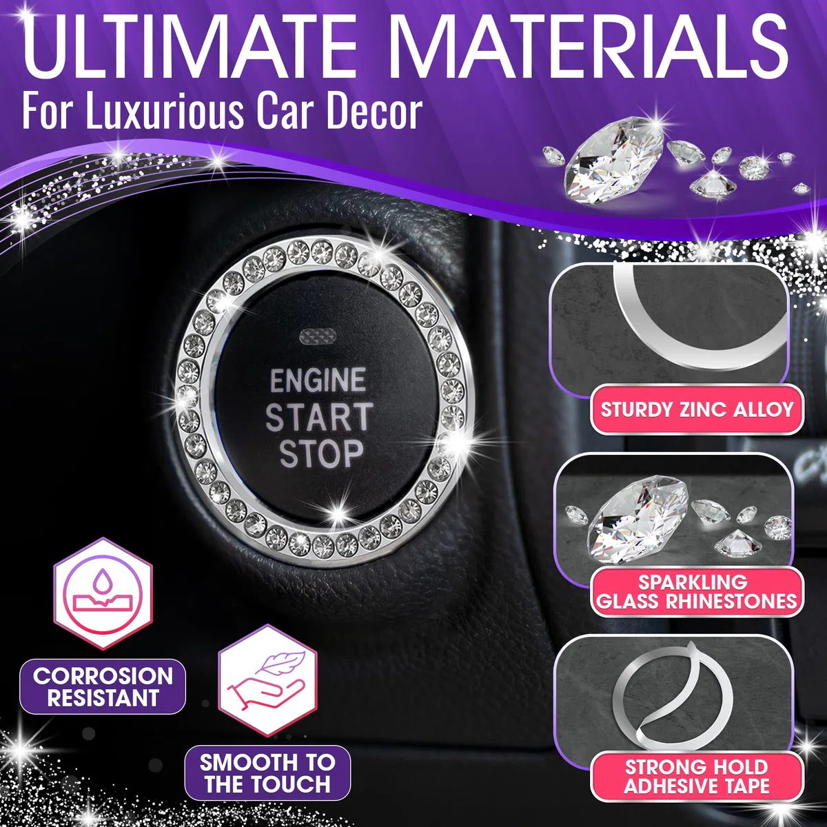 Crystal Rhinestone Car Bling Sticker Ring Emblem, Auto Start Engine Ignition Key & Button Bling, By Bling Car Decor (Silver) by Bling Car Decor