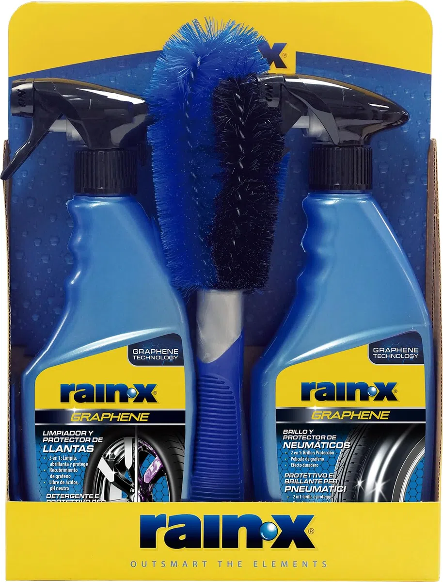 Rain-X Limpia Llantas Coche y Abrillantador de Neumáticos con Tecnología Grafeno – Brillo Intenso y Protección Duradera – Pack de Limpieza y Protección con Cepillo para Llantas – 2x 500ml