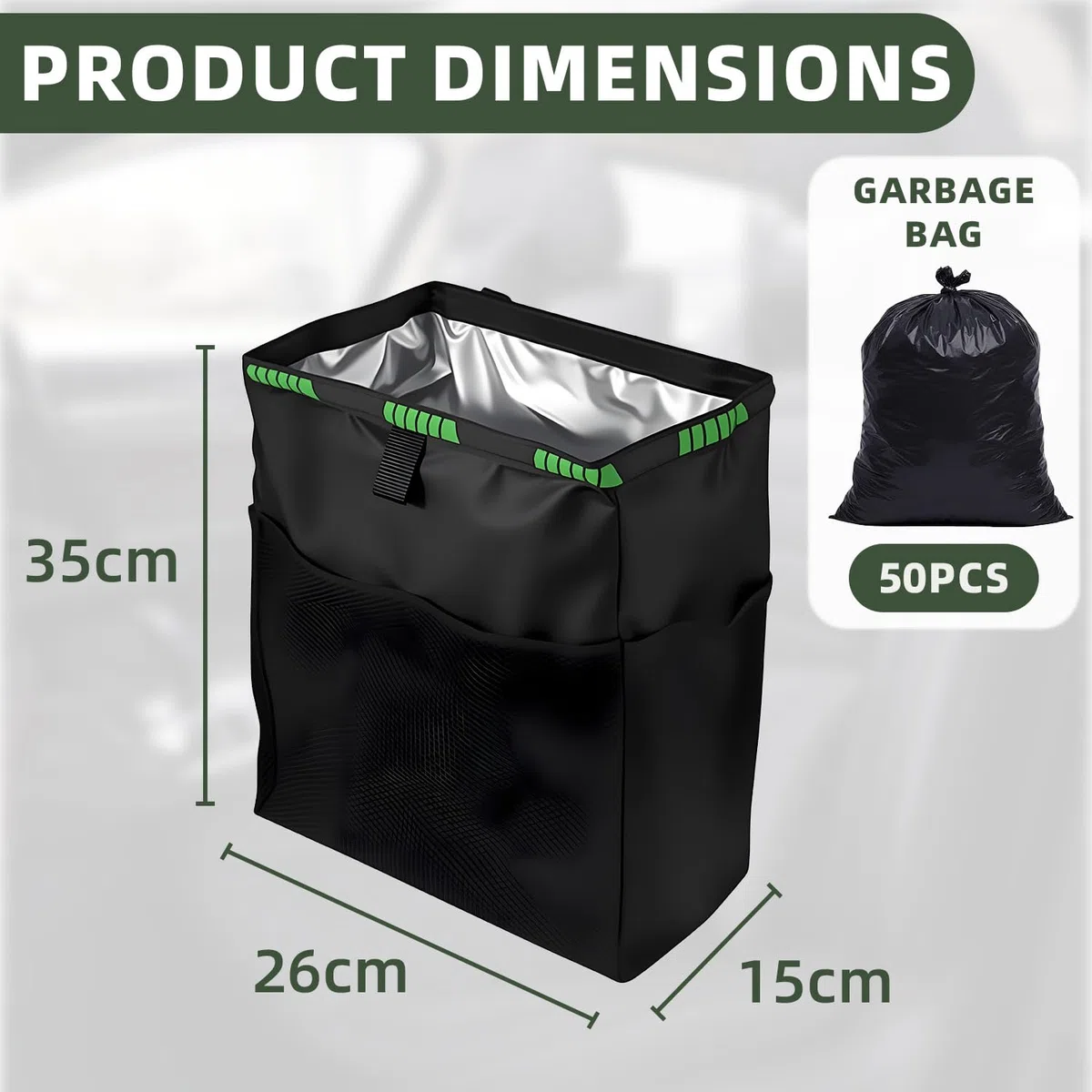 Papelera Coche,Plegable Basura Coche con 50 Bolsas de Basura,Car Accessories para Coche Oficina Hogar, Impermeable y Maloliente Multipropósito Portátil（35 * 26 * 15CM）