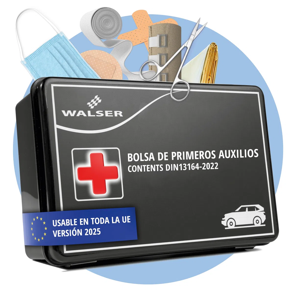 WALSER Bolsa de primeros auxilios para coche 2026, kit de primeros auxilios, bolsa de primeros auxilios DIN 13164:2022, kit de primeros auxilios rojo 44283