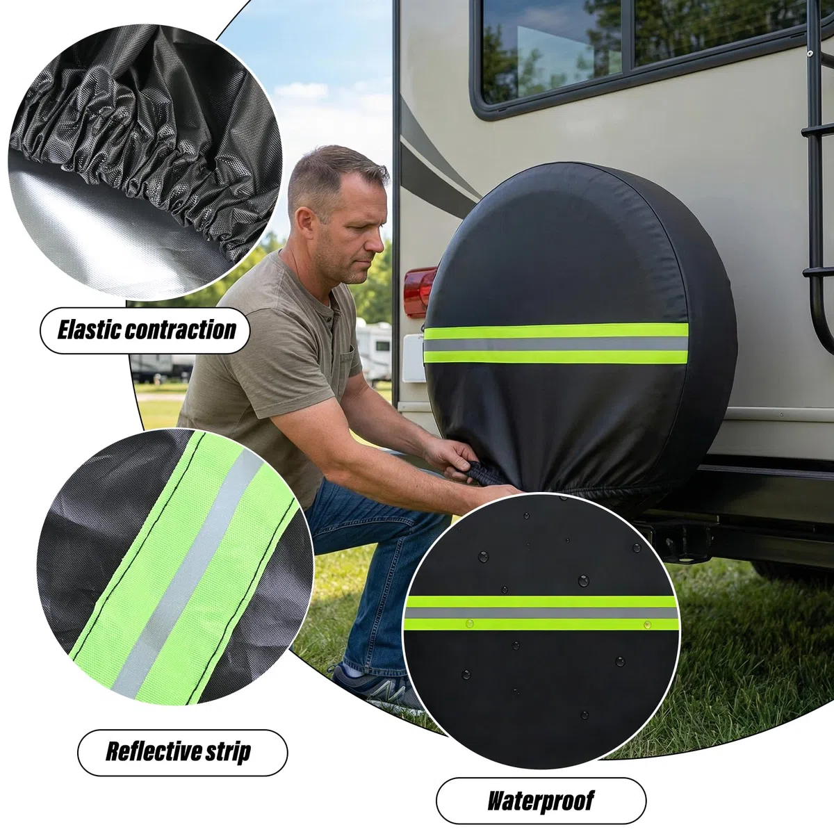 4 Piezas Bolsas para Neumáticos, Funda Protectora para Ruedas， Resistentes al Agua con Bandas Reflectantes Verdes, Funda Rueda Repuesto para Ruedas de Coche, SUV y Camión