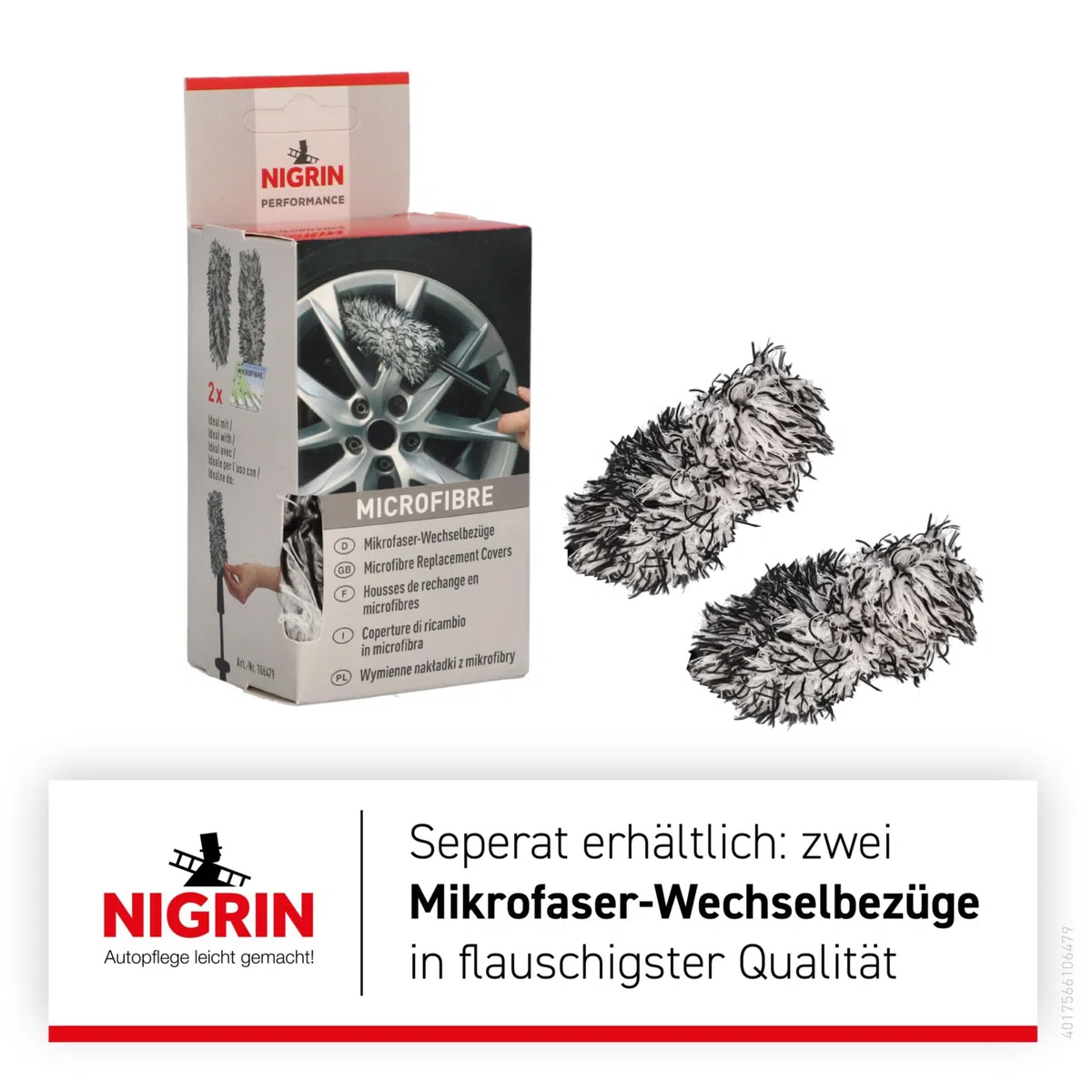 NIGRIN Cepillo de Microfibra para Llantas de Coche, sin arañazos, eficaz para Limpieza de Llantas, también para Lugares de difícil Acceso, Incluye Funda Intercambiable, Multicolor, 1 Unidad