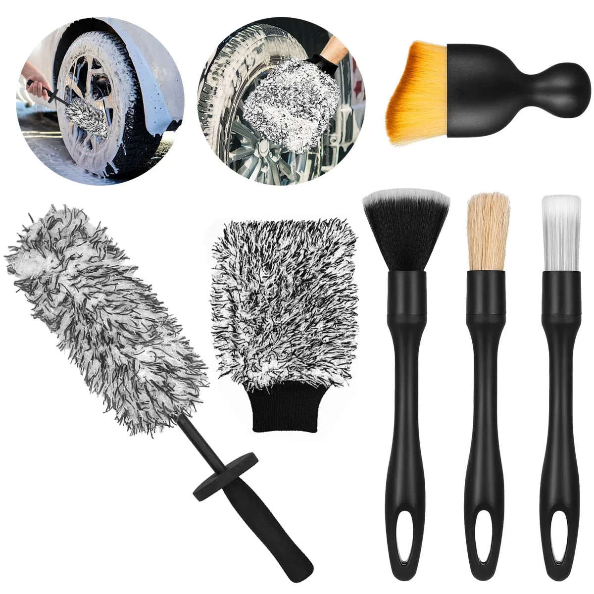 Cepillo Llantas Coche y Guante Lavado Coche con 4 Pincel para Detalles, Cepillo de Microfibra para Llantas de Coche Cepillo Limpia Llantas para Limpiar Interior y Exterior (Negro)