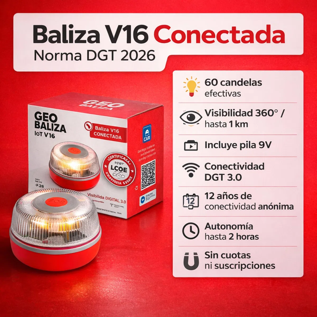 Baliza V16 Homologada DGT con Geolocalizador | Luz de Emergencia Coche Certificada DGT 3.0 | 12 Años Conectividad - V16 Homologada 2026- Compatible con la app SOSCar