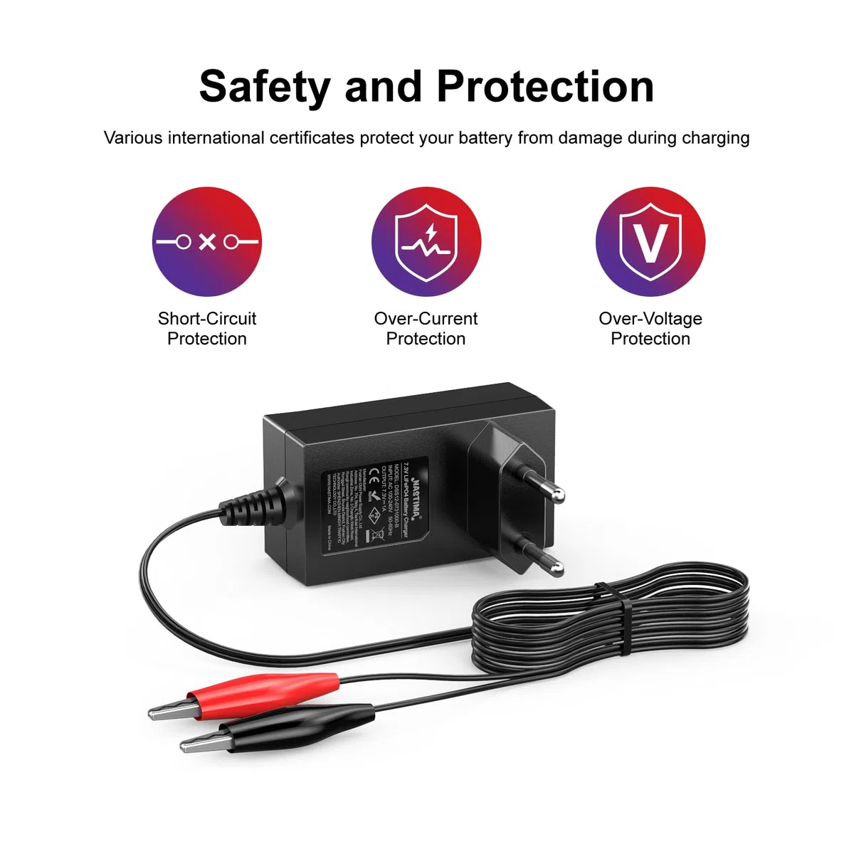 NASTIMA Cargador 7,3V 1000mA LiFePO4 para Baterías LiFePO4 de 6V 4Ah/4,5Ah/6Ah/7Ah/12Ah, con Protección contra Cortocircuitos, Sobrecorriente y Sobretensión, y luz Indicadora de Carga