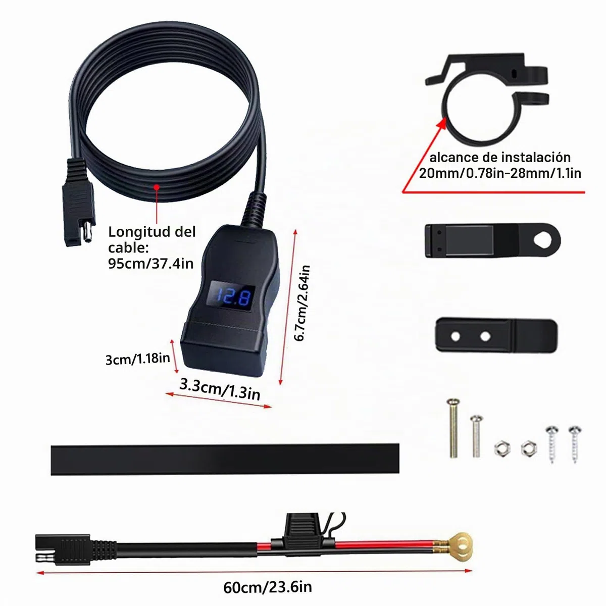 Cargador USB para Moto 48W, IP65, 2 Puertos (QC3.0 18W + PD3.0 30W) con Interruptor y Voltímetro LED, Toma USB-C 12-24V – para Viajes/Exteriores – Compatible con Teléfonos/GPS/Cámaras