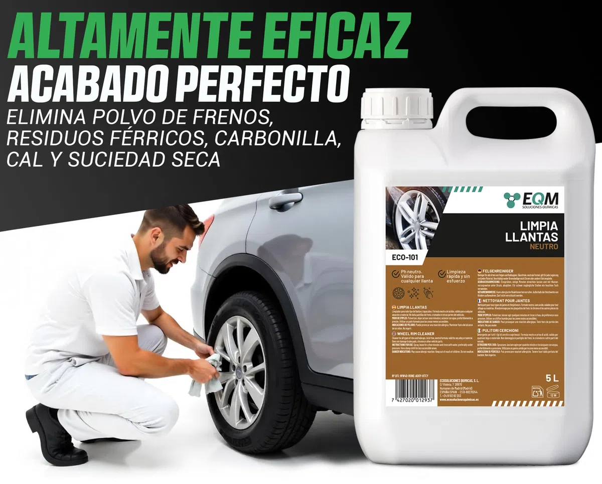 EQM - ECO-101 - Limpia Llantas Coche - 5L - Sin ácidos, pH Neutro - Elimina la Suciedad sin Esfuerzo - Todo Tipo de Llantas - Potente y Seguro
