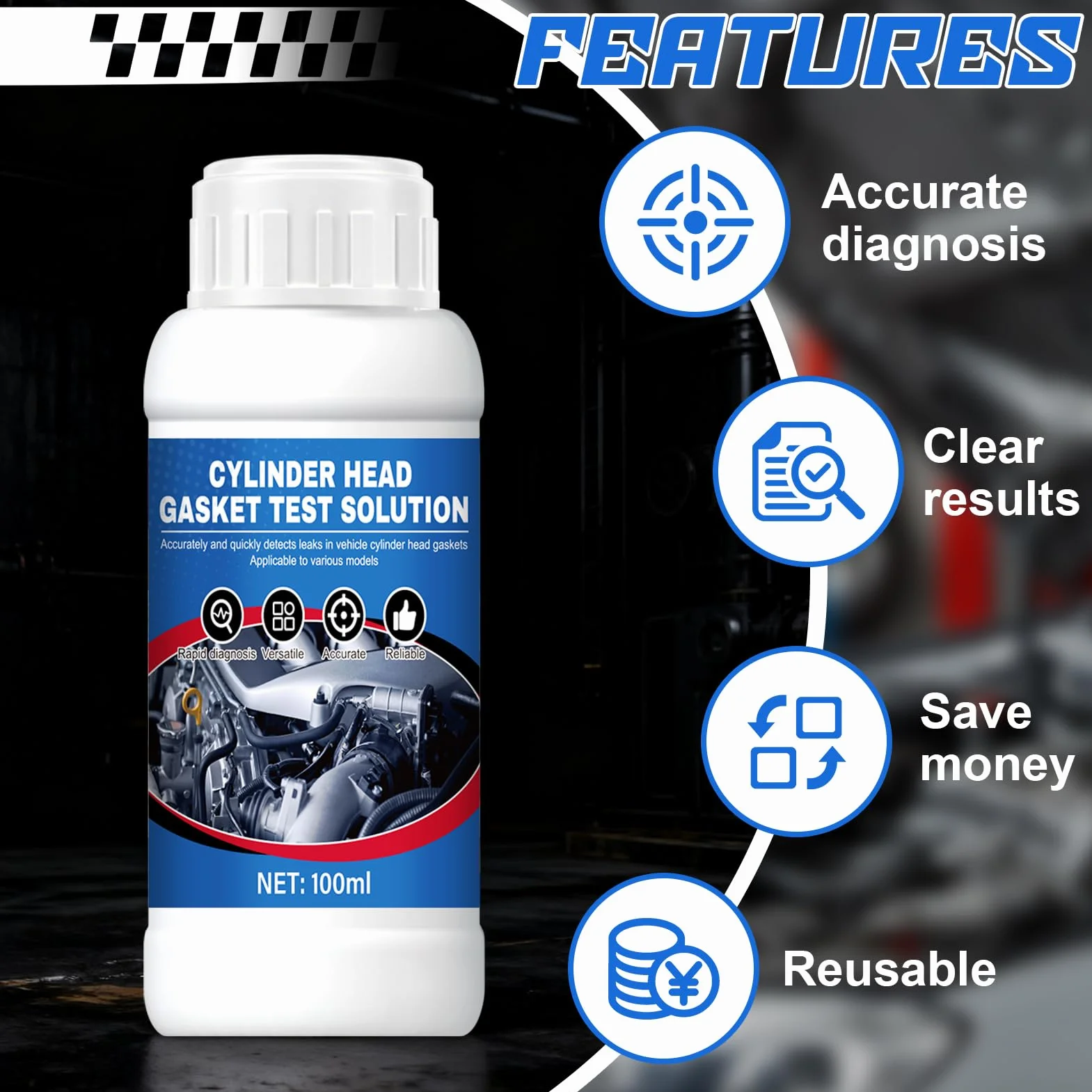 Detector de Culata CO2, Comprobador Junta Culata, Kit Universa Probador de Junta Culata para 50 Pruebas, Diagnóstico Rápido y Fiable para Motores Coche y Motocicletas, 100ml
