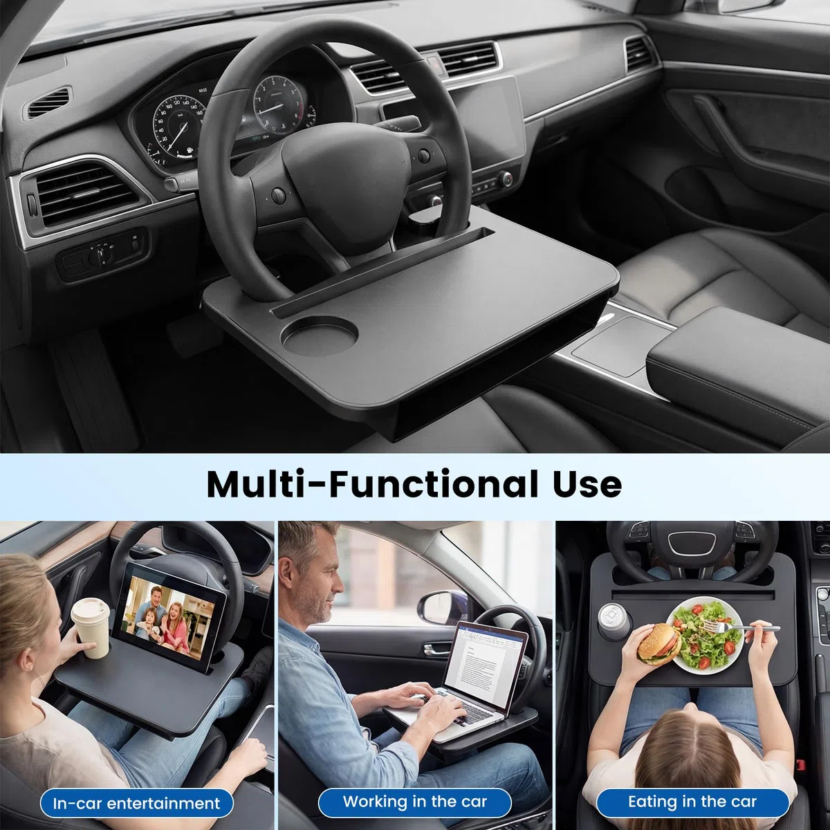 Soporte Volante, Mesa de Volante de Coche, Soporte Multifuncional Portátil para Portátil y Mesa de Comedor para Coche, 37 x 27,7 cm, Apto para la Mayoría de los Coches, Volantes con Portavasos