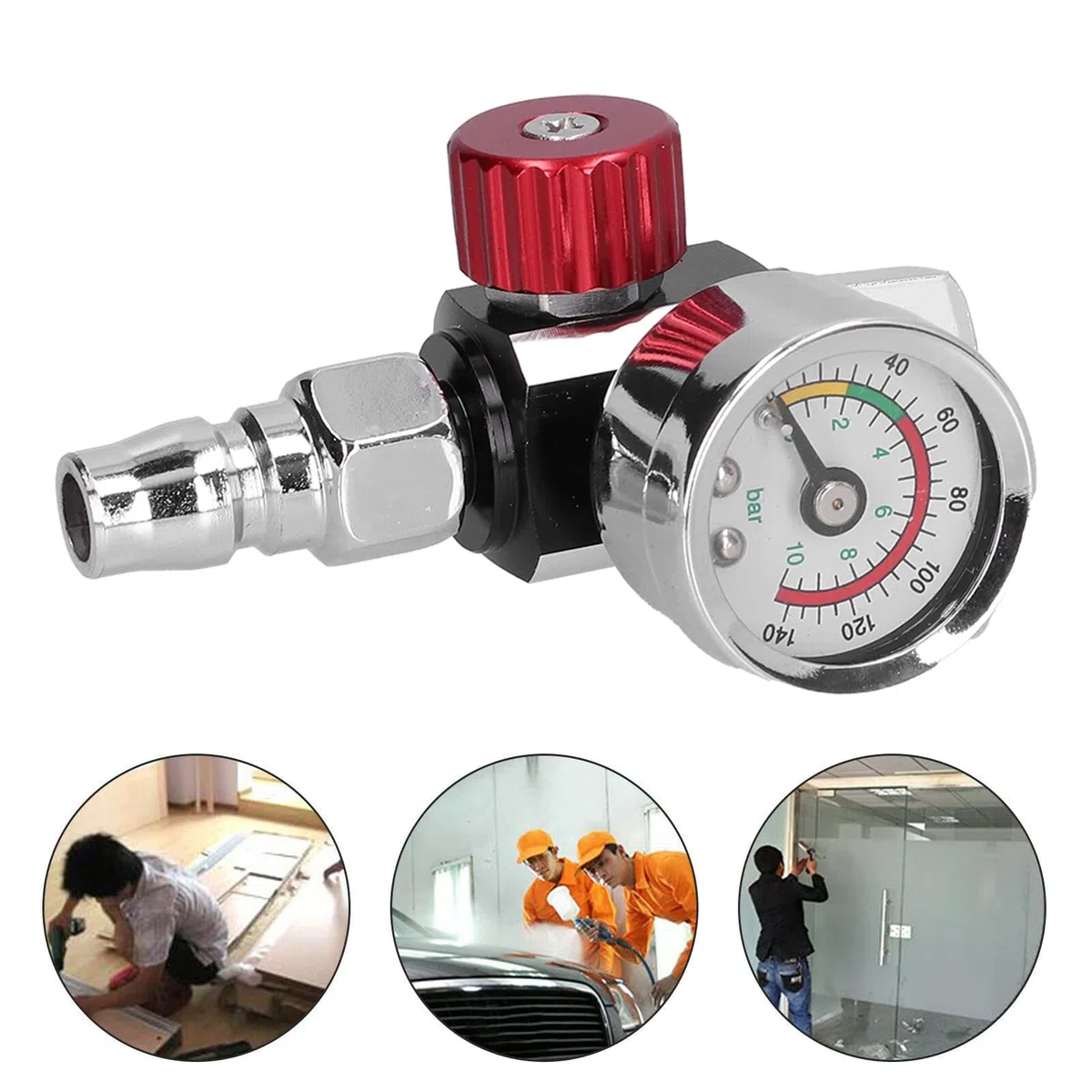 Regulador Presión Aire para Pistolas Pintura Acero Inoxidable con Manómetro 0-140PSI 0-10BAR Conexión G1/4 Pulgadas Profesional