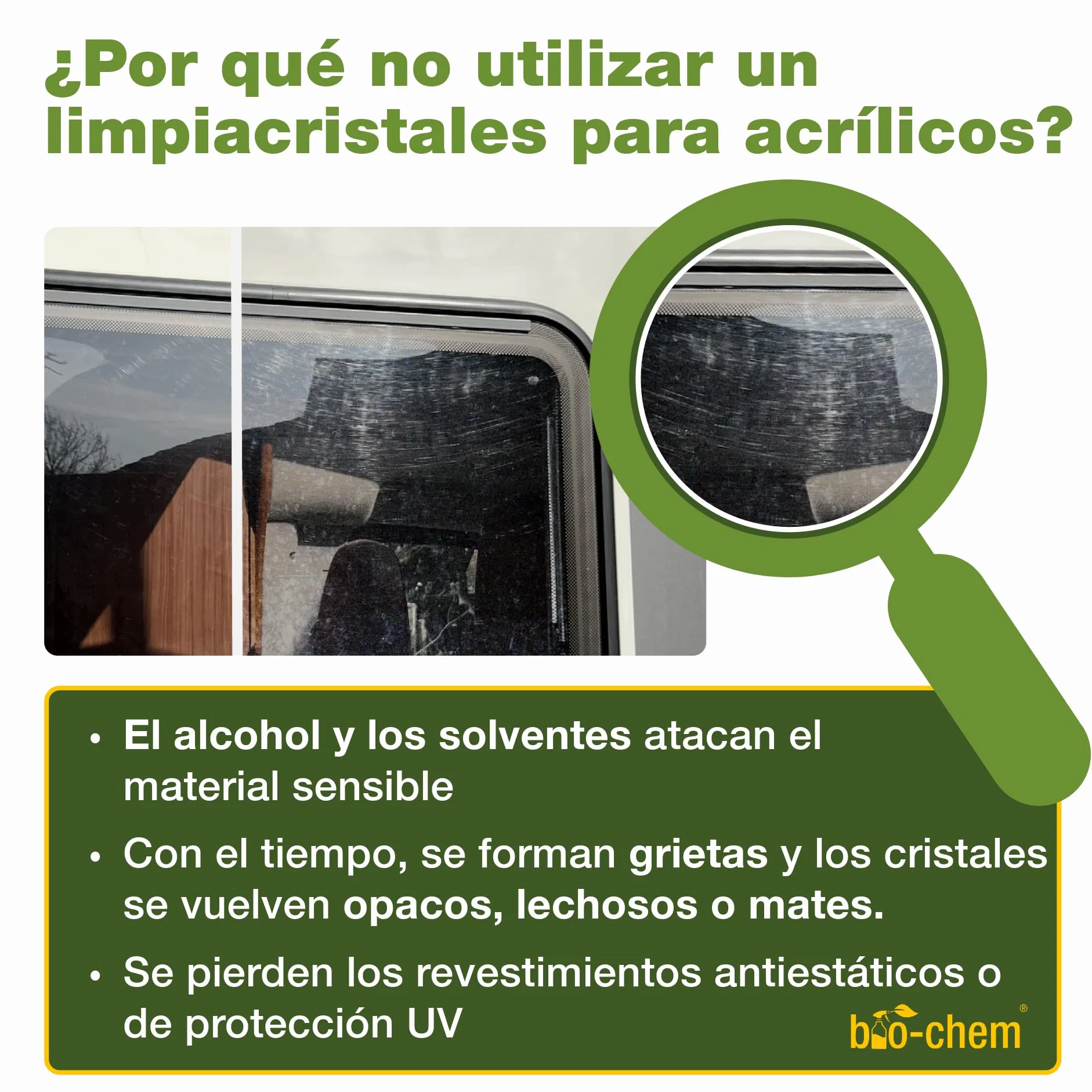 Bio-Chem - Limpiacristales acrílico y plexiglás 750 ml + paño de Microfibra - Limpiacristales para caravanas, autocaravanas y automóviles - Spray líquido para la Limpieza de Cristales de automóviles