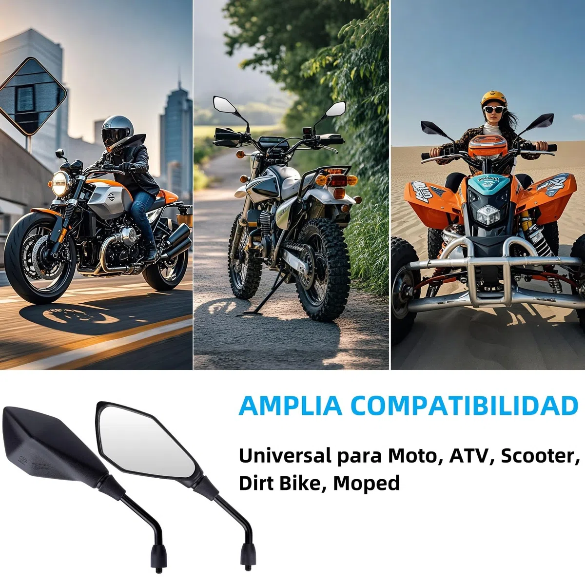 Espejos Retrovisores Moto Homologados E57, 1 Par Espejos Moto Laterales Rotación, EspejosMoto M10 para Scooter ATV Moped Motocicletas Roller