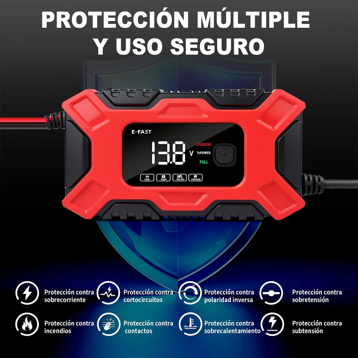 Cargador Baterias Coche, 12V 6A Cargador de Batería de Coche Inteligente con Reparación y Pantalla LCD, Múltiples Protecciones, Cargador de Batería para Automóviles Moto AGM, Gel, SLA