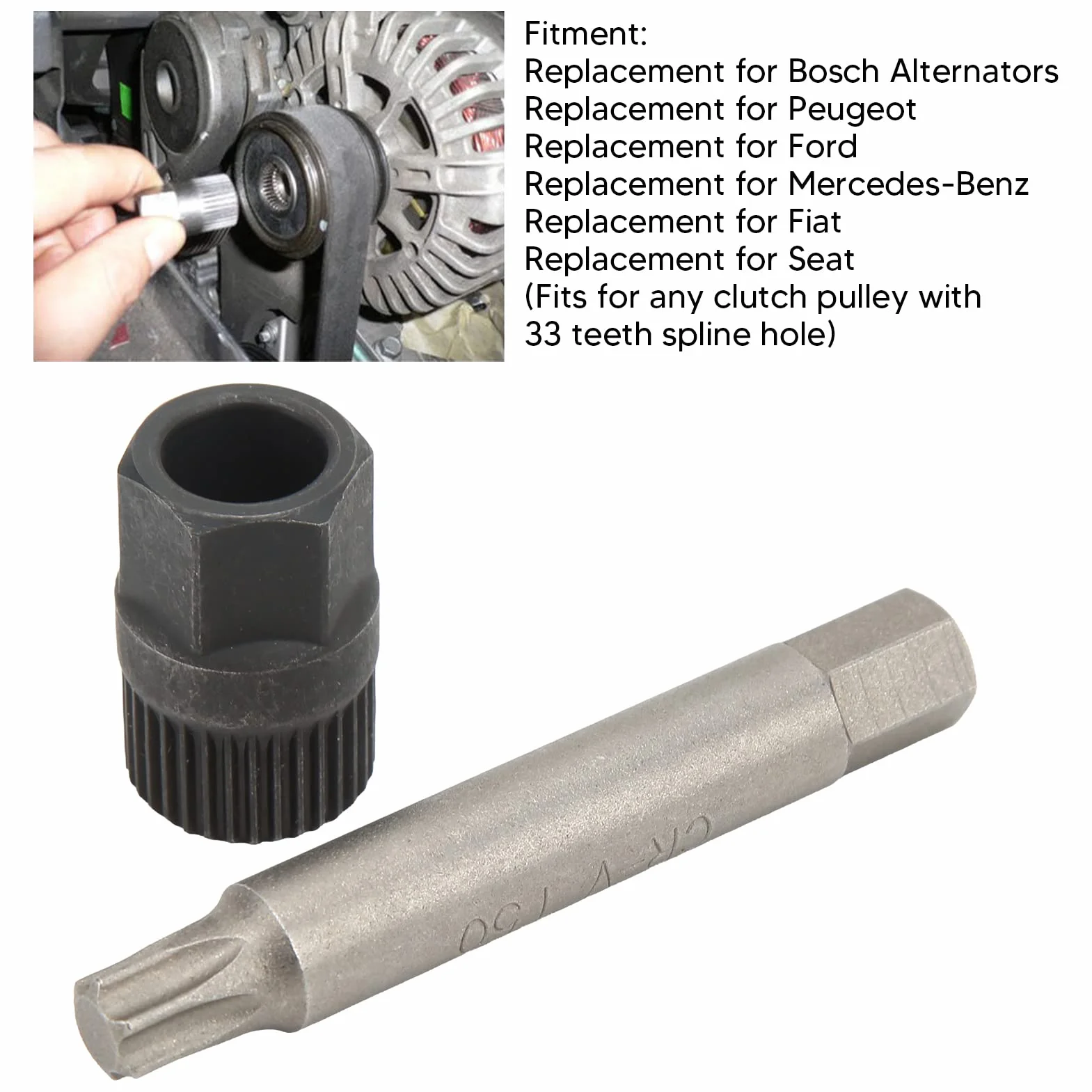 Kit de Polea de Alternador y Herramienta de Reparación, Kit de Llave de Polea de Alternador 33 Dientes Spline Socket Broca Extractor Herramienta de Repuesto para Alternadores