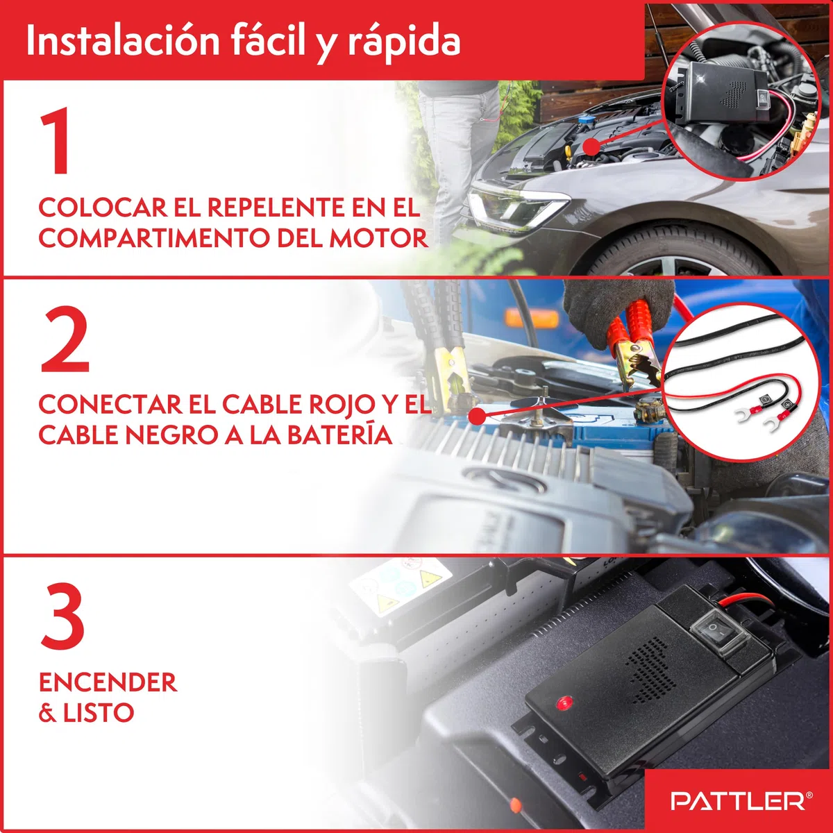 PATTLER Ahuyentador de Martas para Coche 12V con Ultrasonido, Protección para el Compartimento del Motor con Instalación Directa a la Batería del Vehículo – 1 Unidad