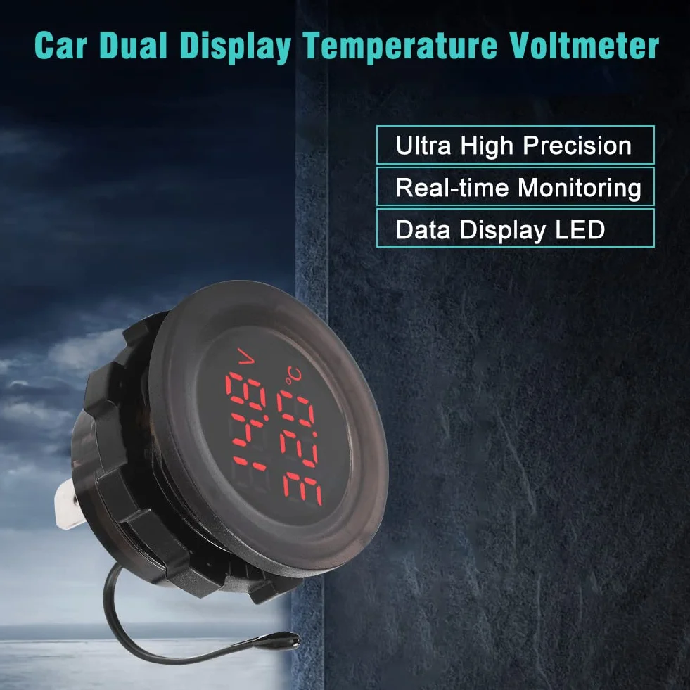 Medidor de Termómetro para Automóvil, 12V-24V Termómetro de Temperatura para Automóvil con Pantalla Dual Voltímetro Digital para Automóvil Impermeable Monitor de Temperatura Termómetro Detector