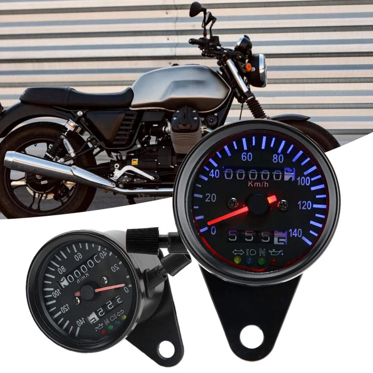 KIMISS Cuentakilómetros LED para moto, universal para café racer, velocímetro de 12 V con doble escala, kit de iluminación trasera, medidor de velocidad