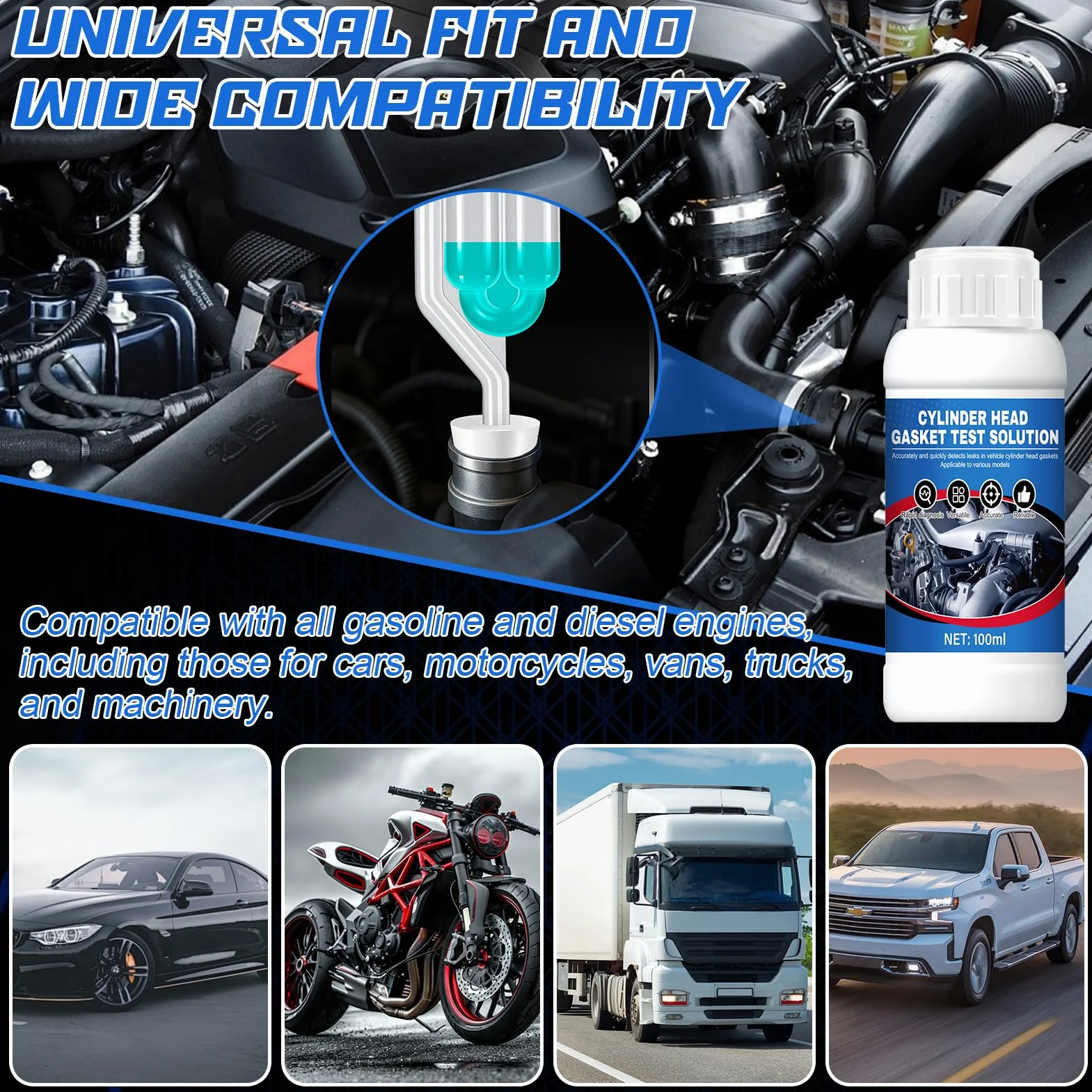 Detector de Culata CO2, Comprobador Junta Culata, Kit Universa Probador de Junta Culata para 50 Pruebas, Diagnóstico Rápido y Fiable para Motores Coche y Motocicletas, 100ml