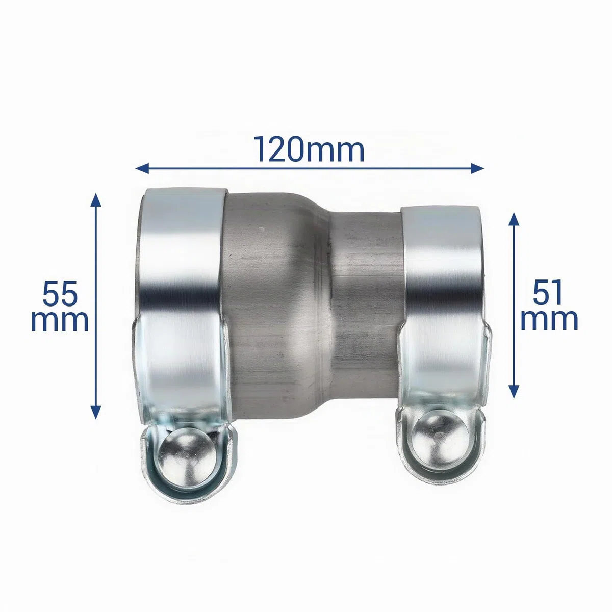 Abrazadera Tubo Escape 51mm a 55mm Adaptador Tubo Escape de 120 mm Reductor Abrazadera de Banda de Escape Acero Inoxidable Conector de Tubo de Escape con Junta a Tope Doble Abrazadera de Escape