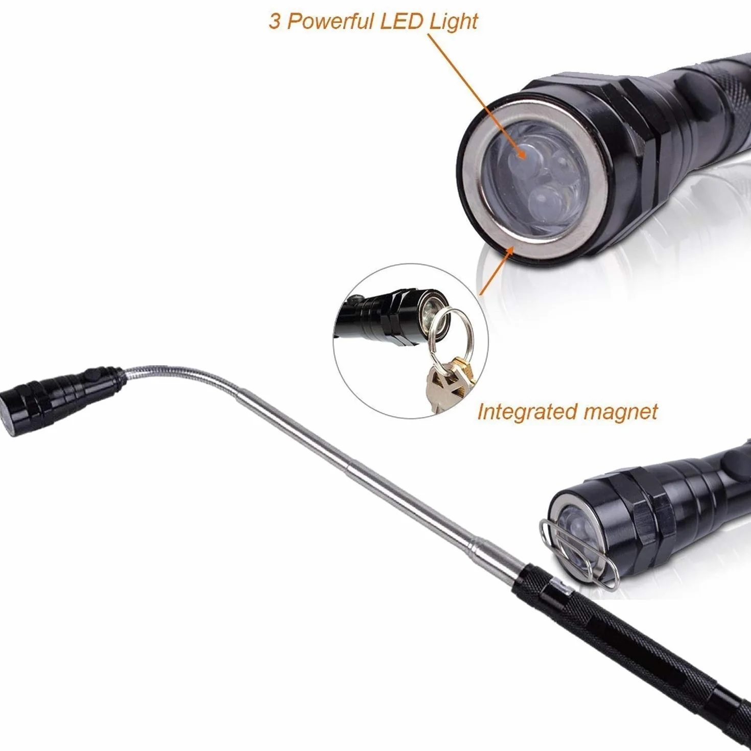 Queta LED Espejo de Inspección Telescópico Imán, 5pcs que Incluye Luces LED de Varilla de Recogida, Espejo de Inspección y Linterna, Mango Telescópico Giratorio 360 grados