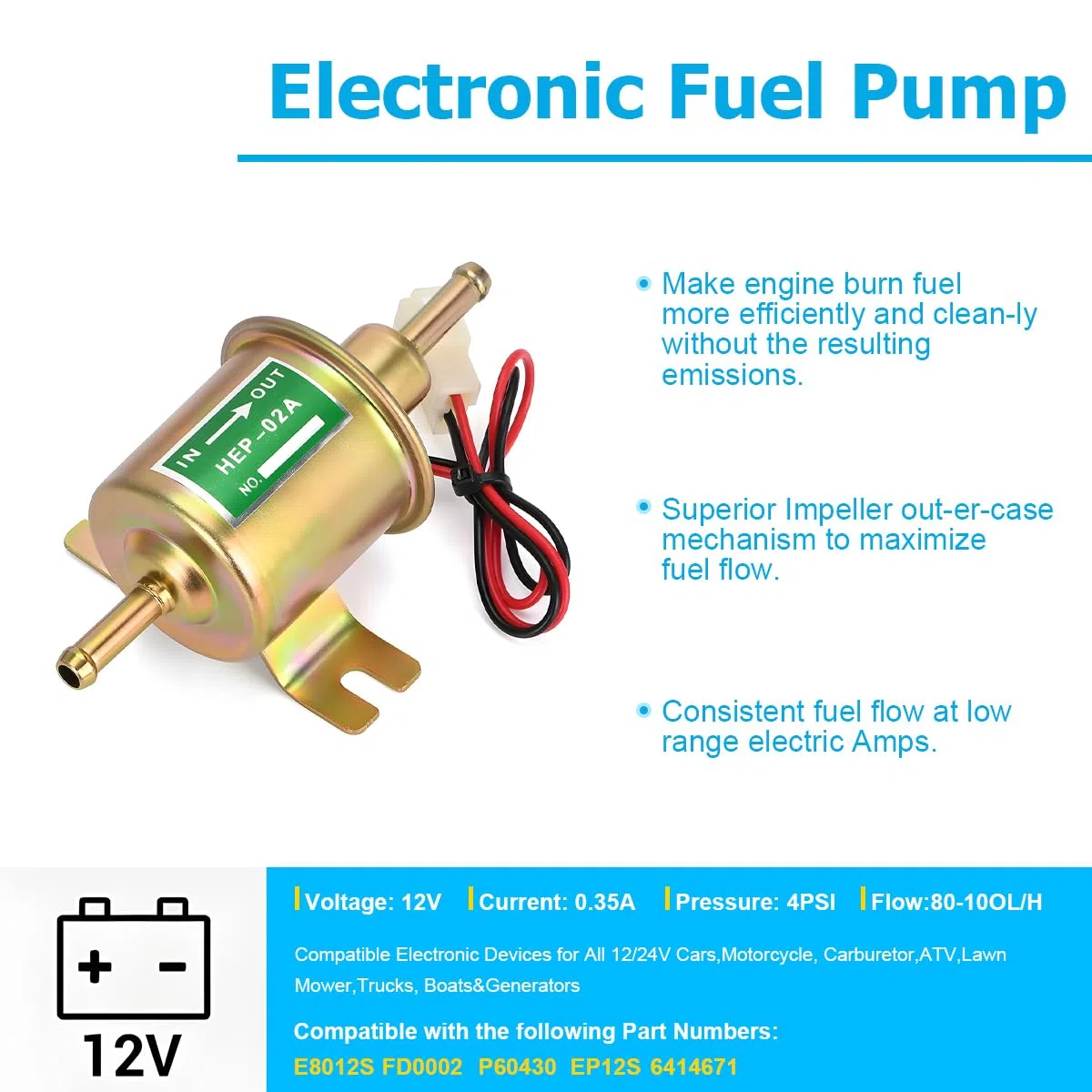 CGEAMDY Bomba De Combustible Eléctrica Universal, Bomba Dosificadora De Combustible, Eléctrica 12V Bombas De Combustible HEP-02A, Para Todos Los Automóviles, Carburador, Gasolina, Diesel (Oro)