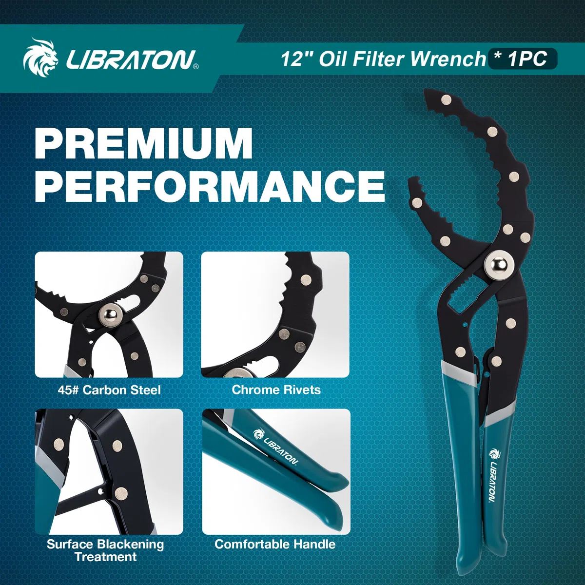 LIBRATON Llave para Filtro de Aceite de 300mm, Alicates Ajustables para Filtros de Aceite (Apertura 60-120mm), Herramienta para Quitar Filtro de Aceite, Uso con Una Mano, para Coches, Motos, Camiones