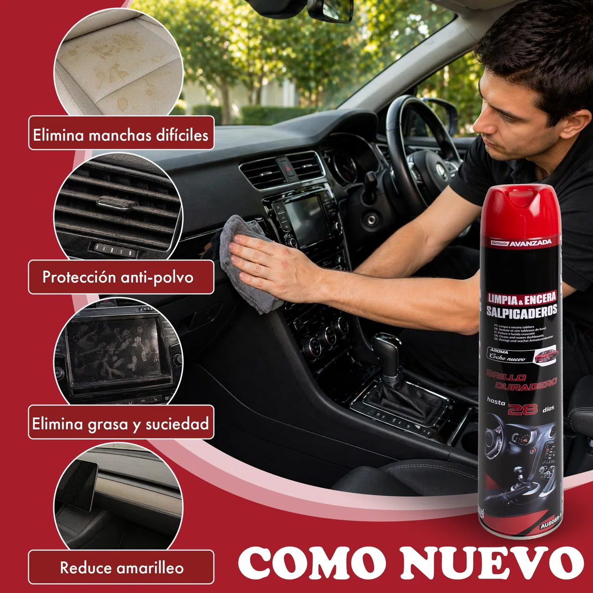 Limpiador Salpicadero Coche con Cera Spray – Limpia, Protege y Da Brillo Interior Auto – Antipolvo, Antigrasa, Aroma Coche Nuevo, Acabado Natural No Graso – Brillo Duradero hasta 28 Días