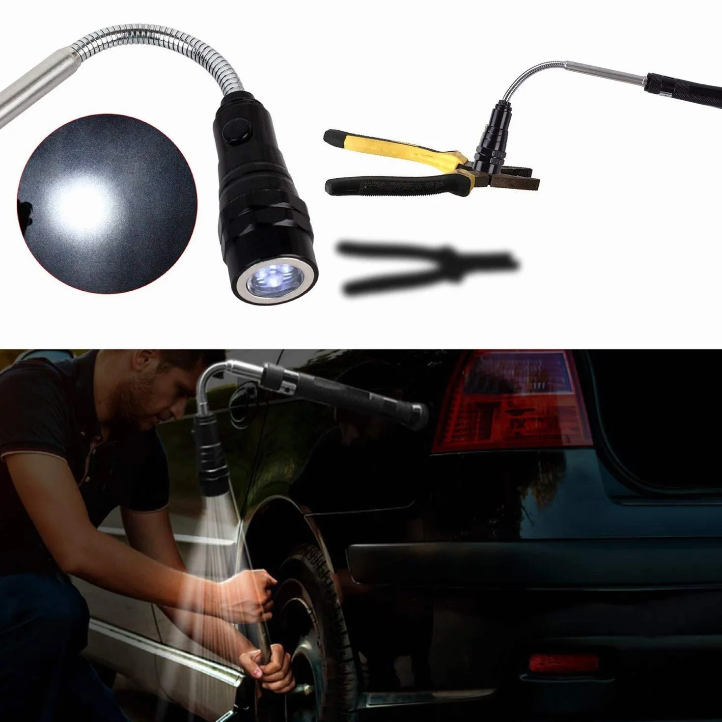 Queta LED Espejo de Inspección Telescópico Imán, 5pcs que Incluye Luces LED de Varilla de Recogida, Espejo de Inspección y Linterna, Mango Telescópico Giratorio 360 grados