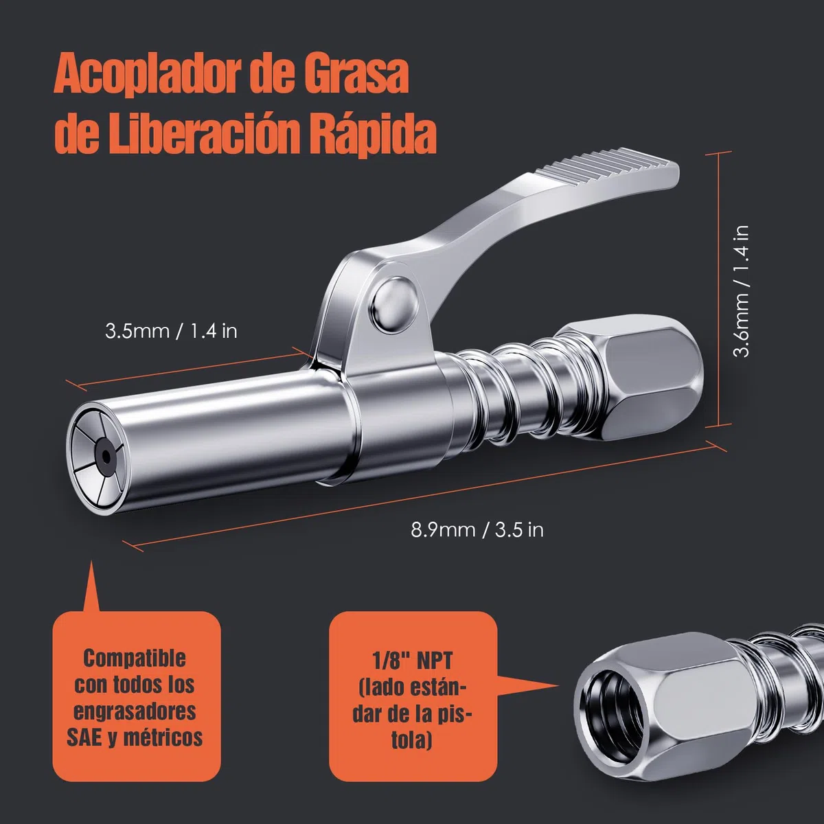 TRILINK Boquilla Engrasadora 2 Piezas – Acoplador de Pistola de Grasa con Liberación Rápida y Uso con Una Mano – 6 Mordazas – Adaptador 1/8" NPT Compatible con Engrasadores SAE y Métricos