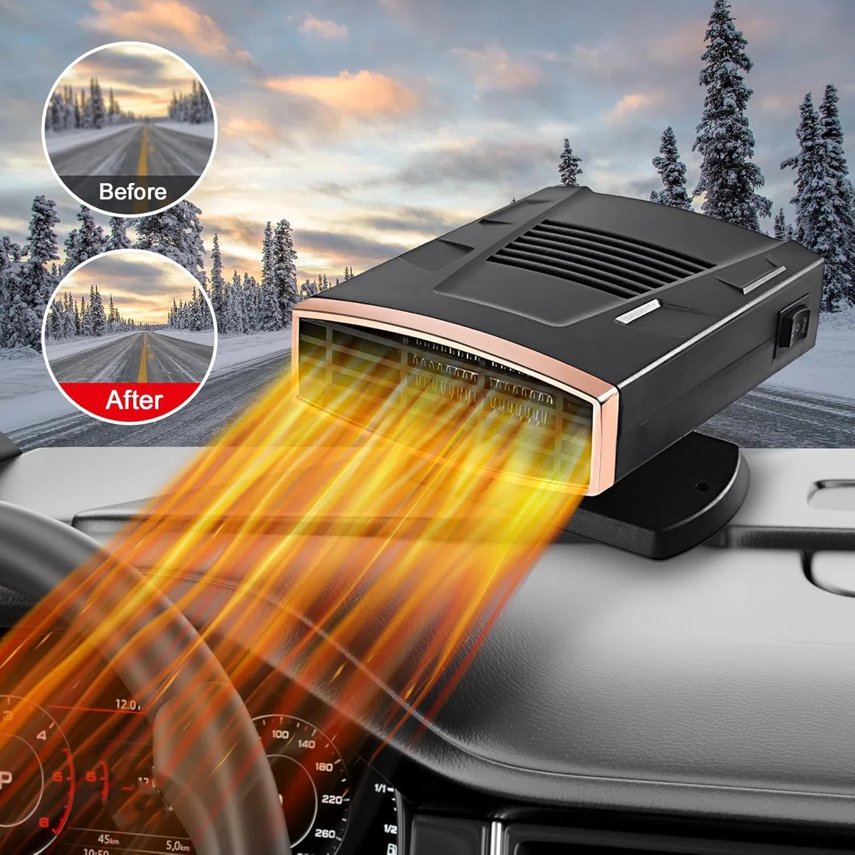 Calentador de coche, 12V 200W set de deshumidificación de invierno para conectar al encendedor de cigarrillos, función de calentamiento rápido y enfriamiento 2 en 1, giratorio 360 para coches pequeños