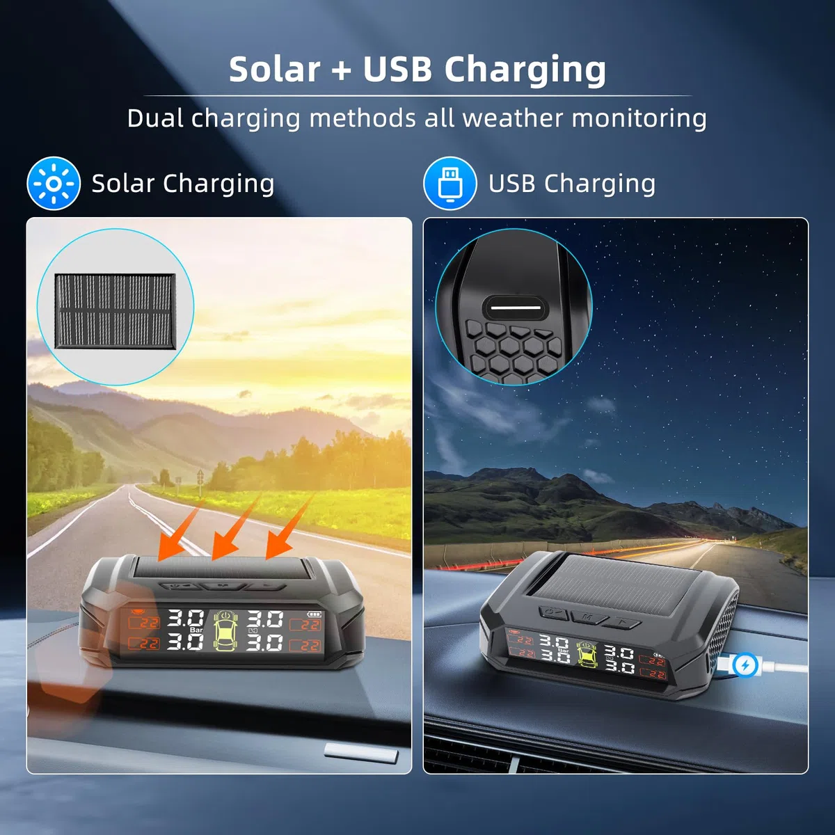 KAOLALI Sistema de control de presión de neumáticos TPMS inalámbrico, 4 ruedas, 3,5 bar/50 PSI Max, carga solar y magnética, para camiones, caravanas, autobuses