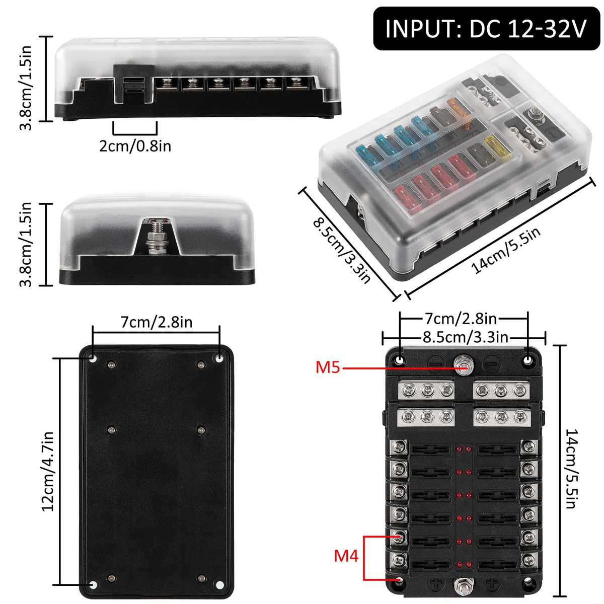 Caja Fusibles 12 Vías Portafusibles 12V Porta Fusible Coche con Indicador LED y 30 piezas Fusibles para Coche Barco Camión Camper