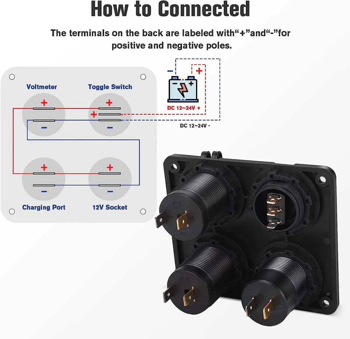 Thlevel 4 en 1 Panel de Enchufes Toma USB Coche Tipo C y QC3.0 con Encendedor de Cigarrillos Voltímetro LED y Azul Interruptor para Coches Motos Vehículos Recreativos Camiones Barcos